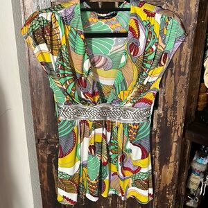 Multi colored sky, peacock top size small with leather belt great condition